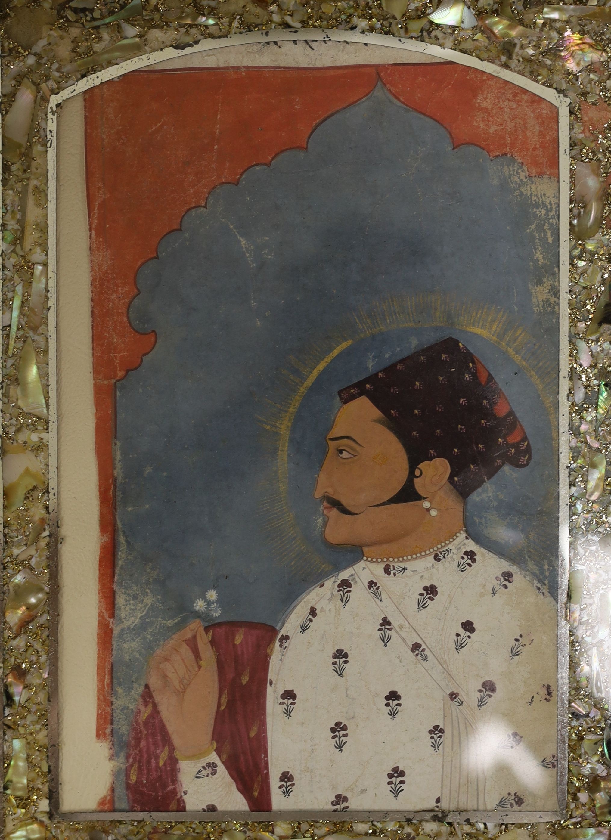 19th century Indian School, gouache on paper, Portrait of a noble man, 31 x 26cm, two studies of figures on terraces, 32 x 25cm and a smaller portrait, 18 x 12cm (4)